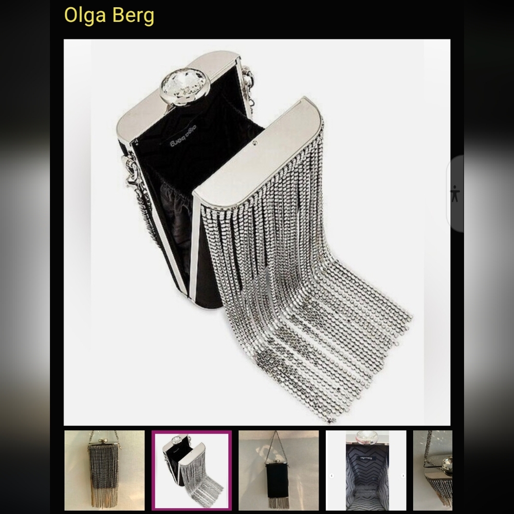REVOLVE x Olga Berg Luiza Crystal Fringe Black Satin Silver Chain Bag